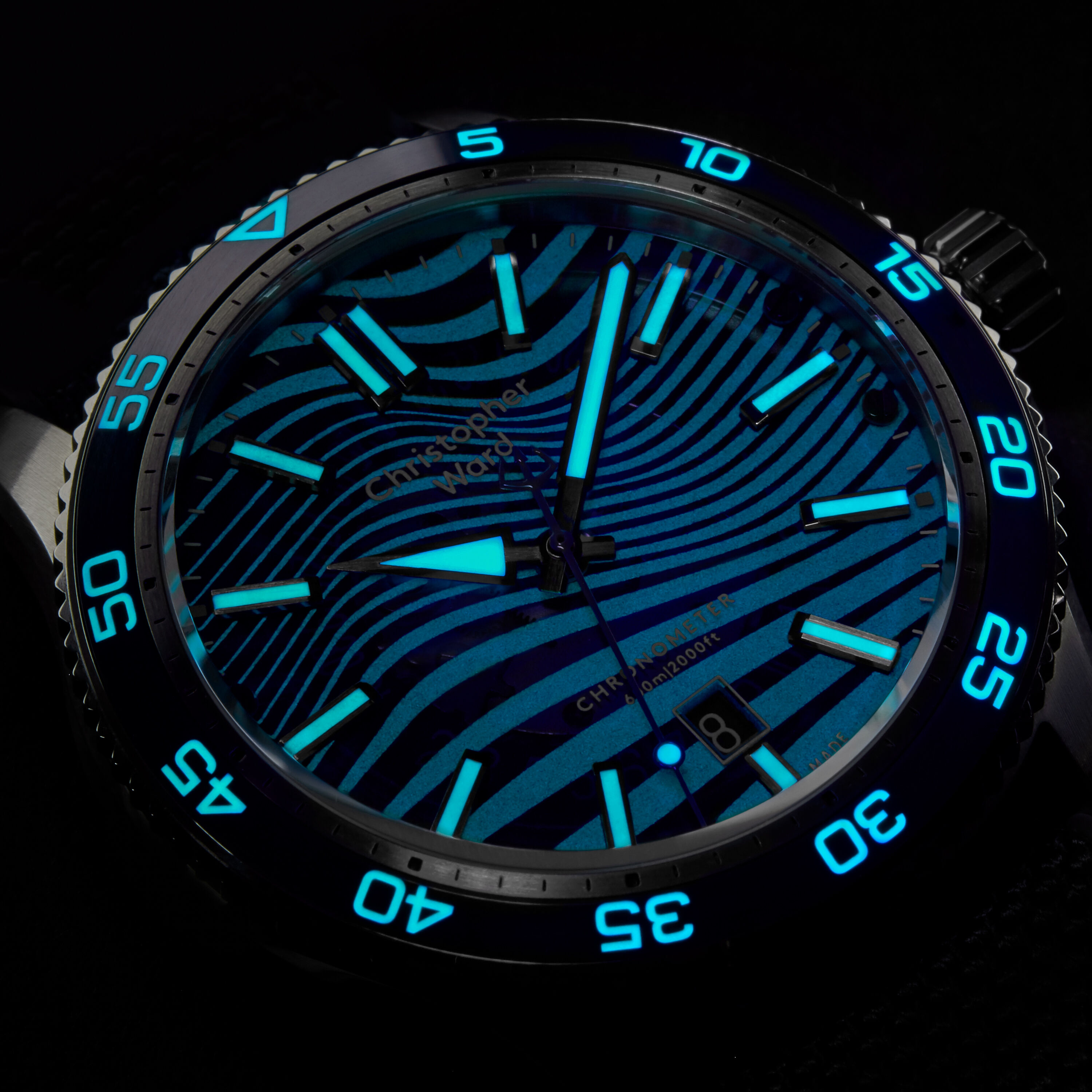 Christopher Ward s New COSC certified C60 tide Watch Has An Upcycled Ocean Material Strap 42mm case 49.3mm L2L 14.10mm height 22mm lugs WatchinTyme