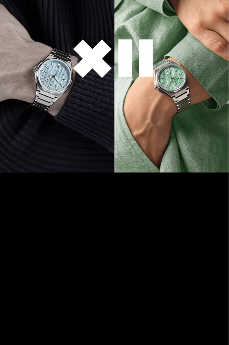 The twelve 40mm in Glacier blue and 36mm in Frosted lichen green