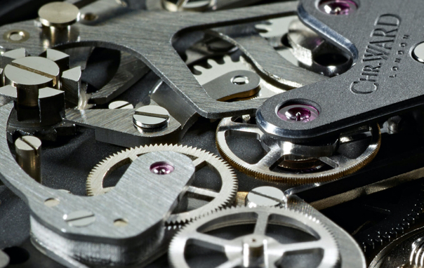 a closeup of Christopher Ward watch's movement