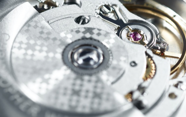 a closeup of Christopher Ward watch's movement