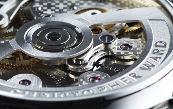a closeup of Christopher Ward watch's movement