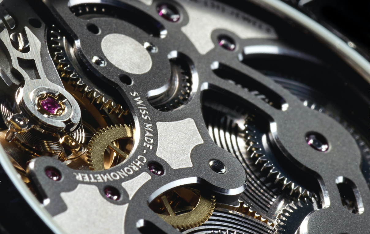 a closeup of Christopher Ward watch's movement